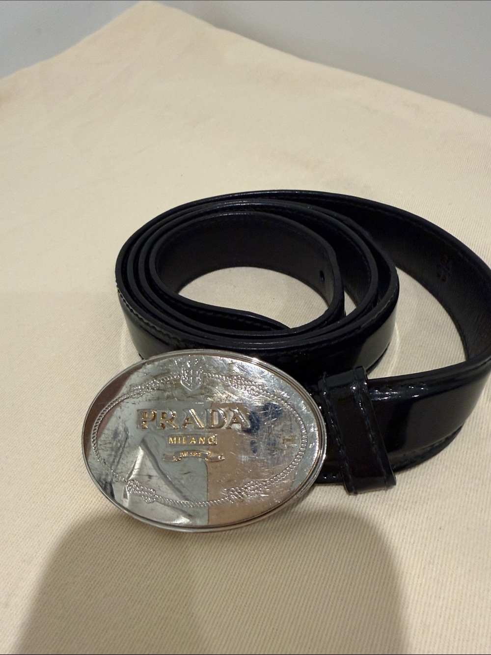 Prada Black Patent Leather Oval Logo Buckle Belt